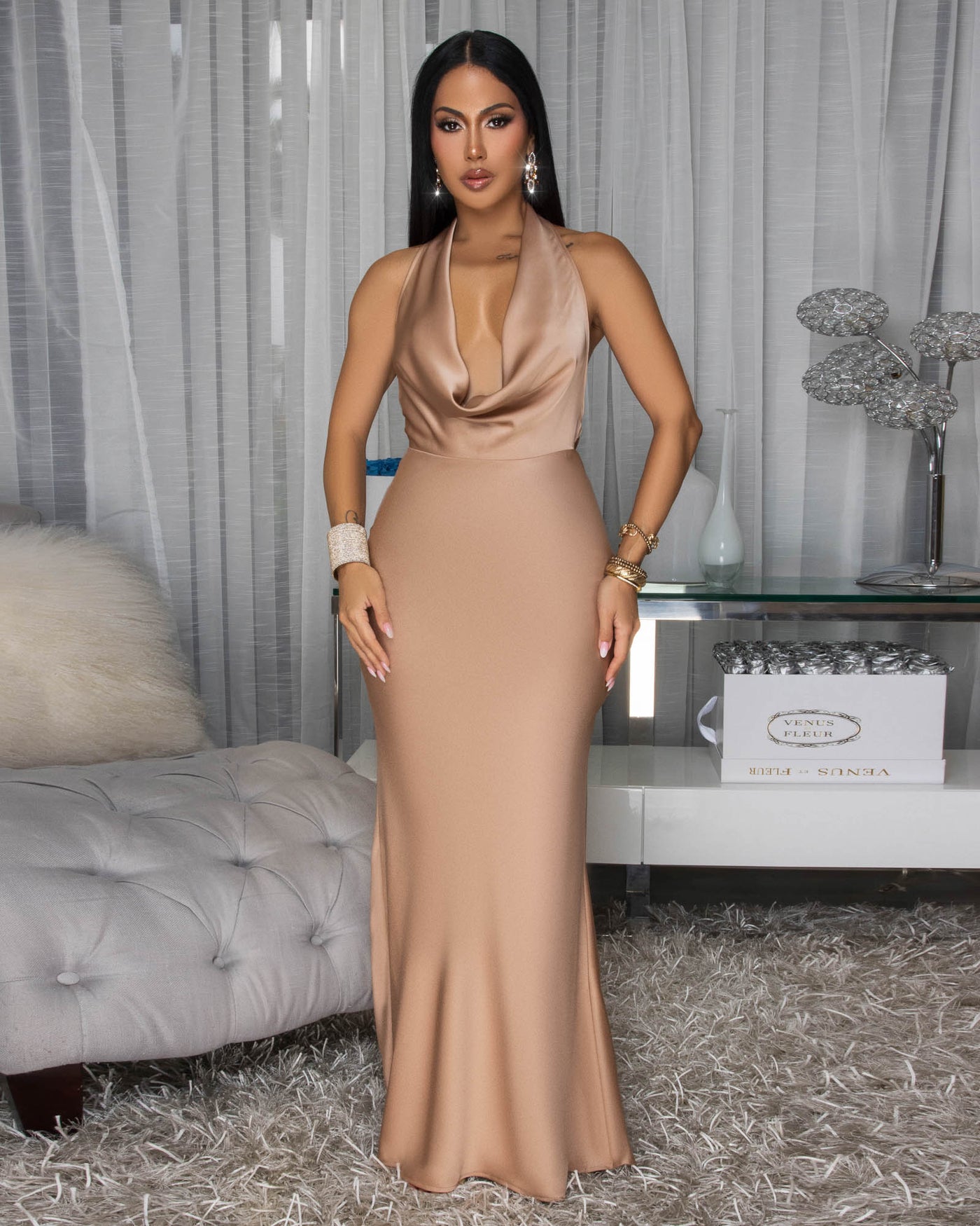 Lorena Mocha Silky Halter Maxi Dress
