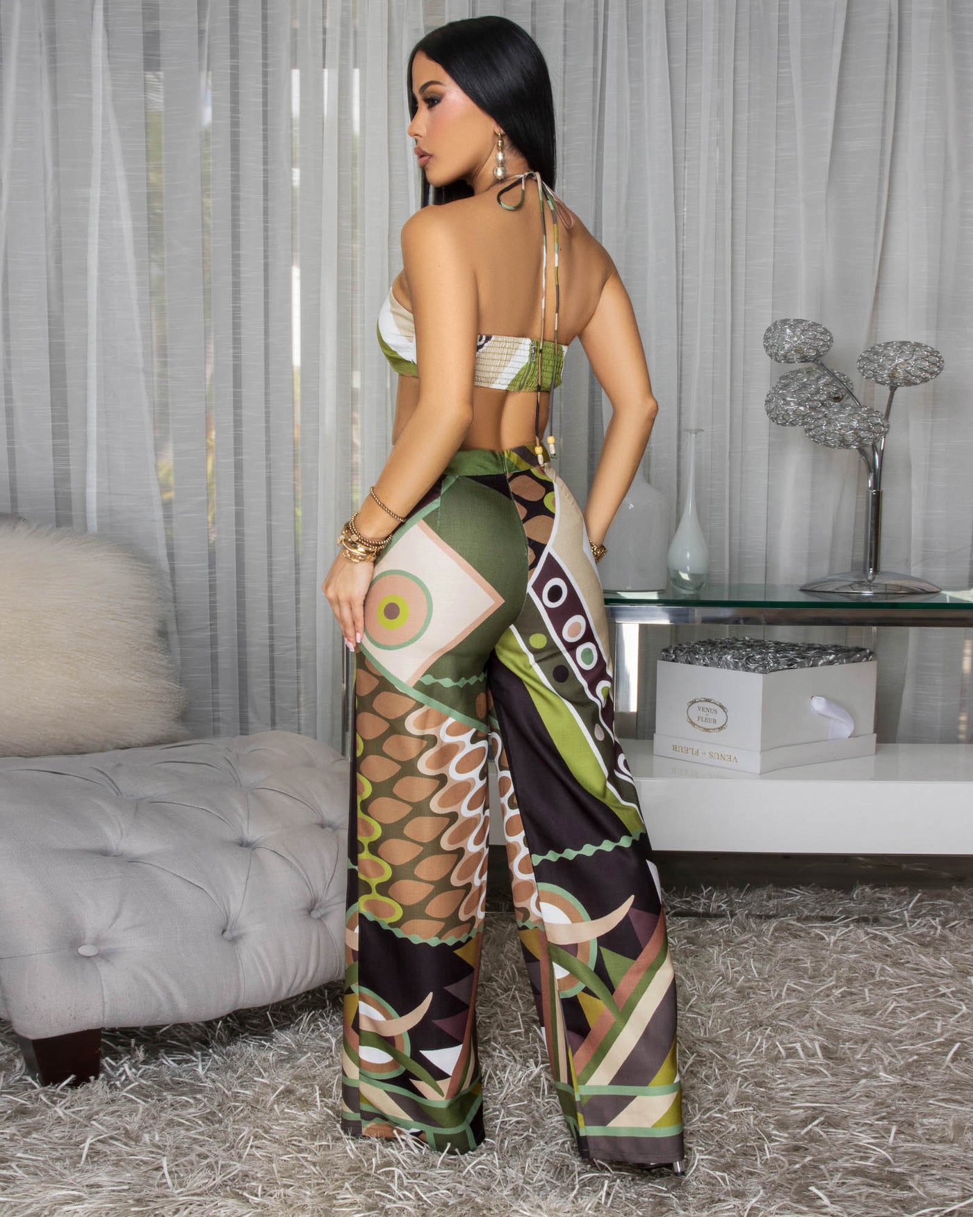 Genne Olive Green Multi-Color Crop Top & Pants Set