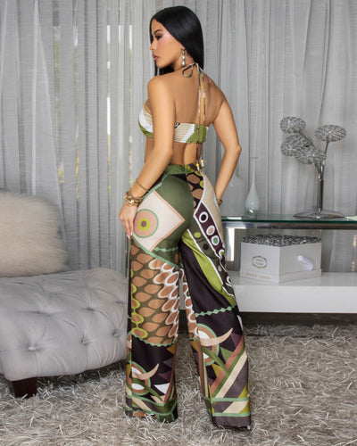 Genne Olive Green Multi-Color Crop Top & Pants Set