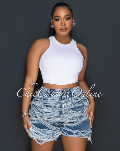 Vinia White Corset Style Ribbed Crop Top