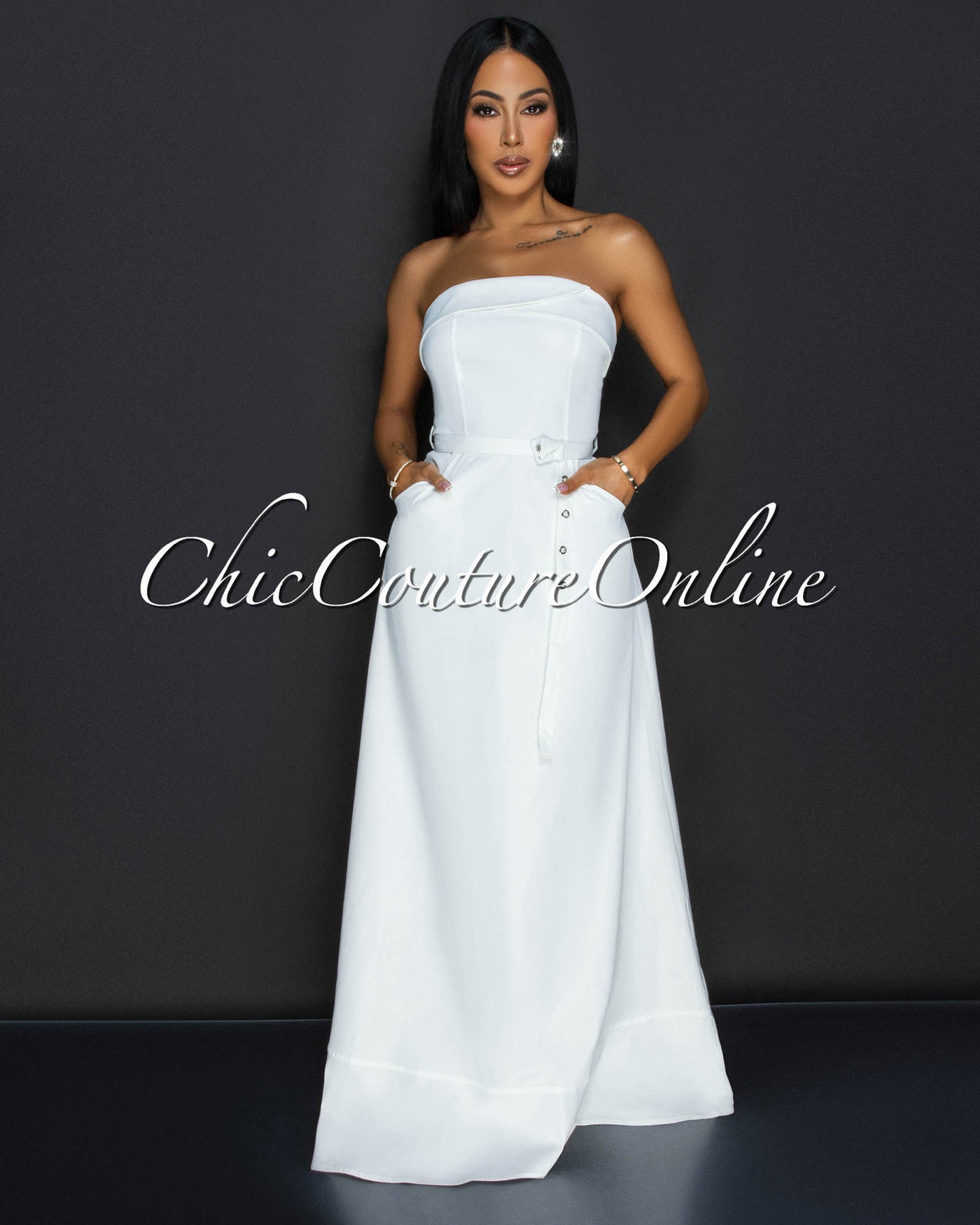 Klana White Strapless Belted Cargo Maxi Dress