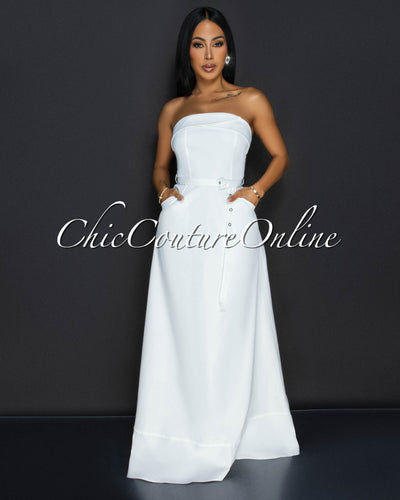 Klana White Strapless Belted Cargo Maxi Dress