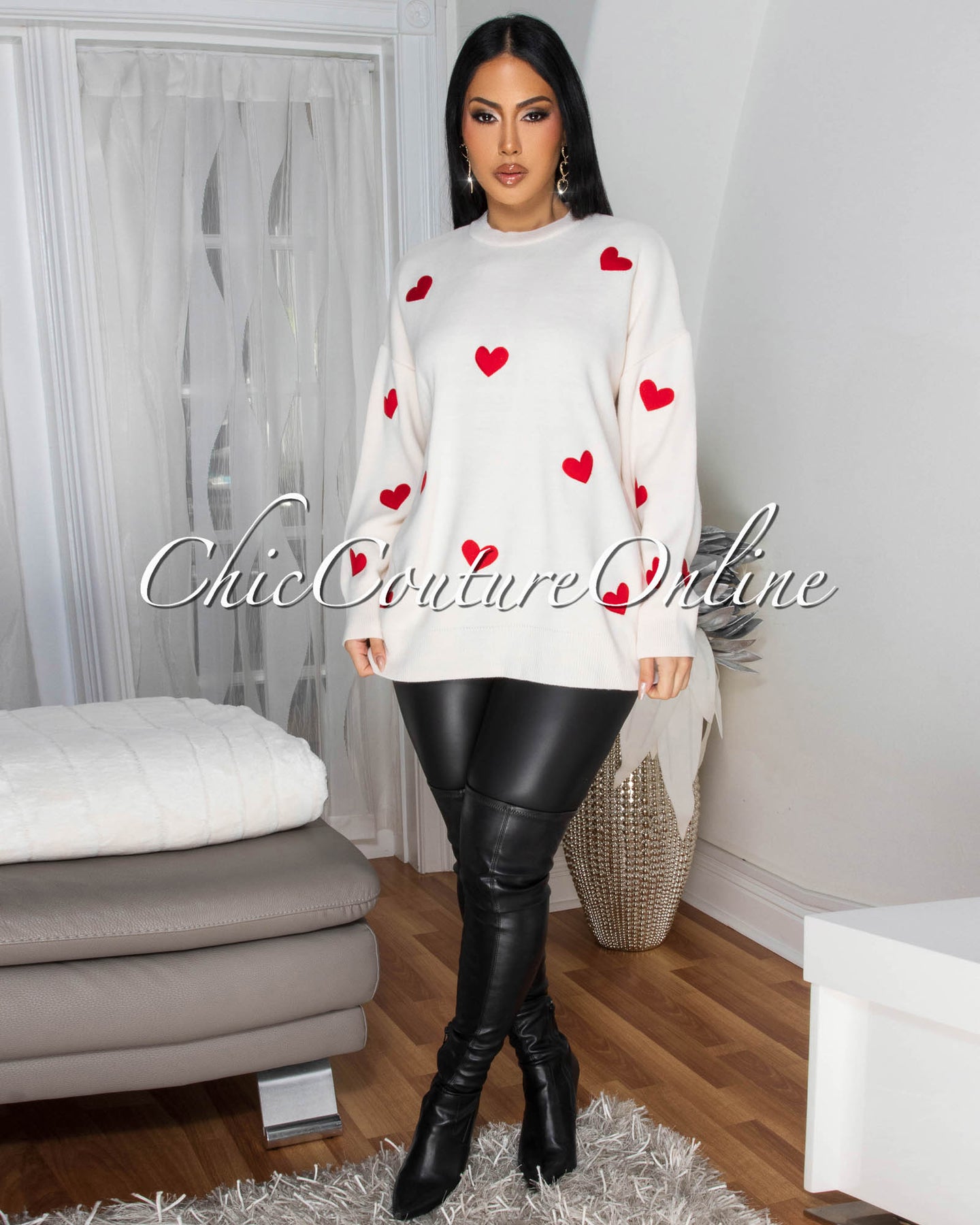 Ophelle Beige Red Hearts Knit Sweater