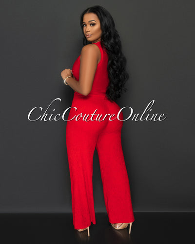 Katye Berry Red Front Crop Top & Wide Pants Textured Set