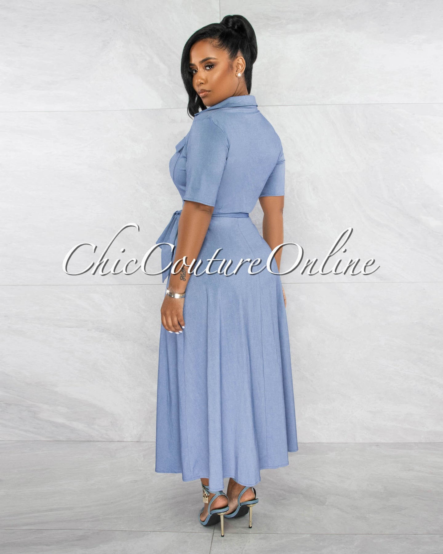Karrah Light Blue Chambray Wrap Midi Dress