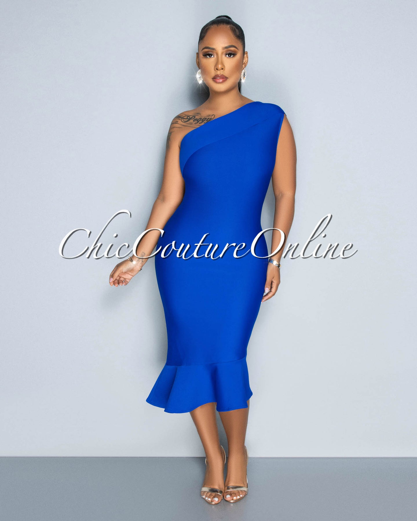 *Patria Royal Blue Single Shoulder Ruffle Hem Bandage Dress