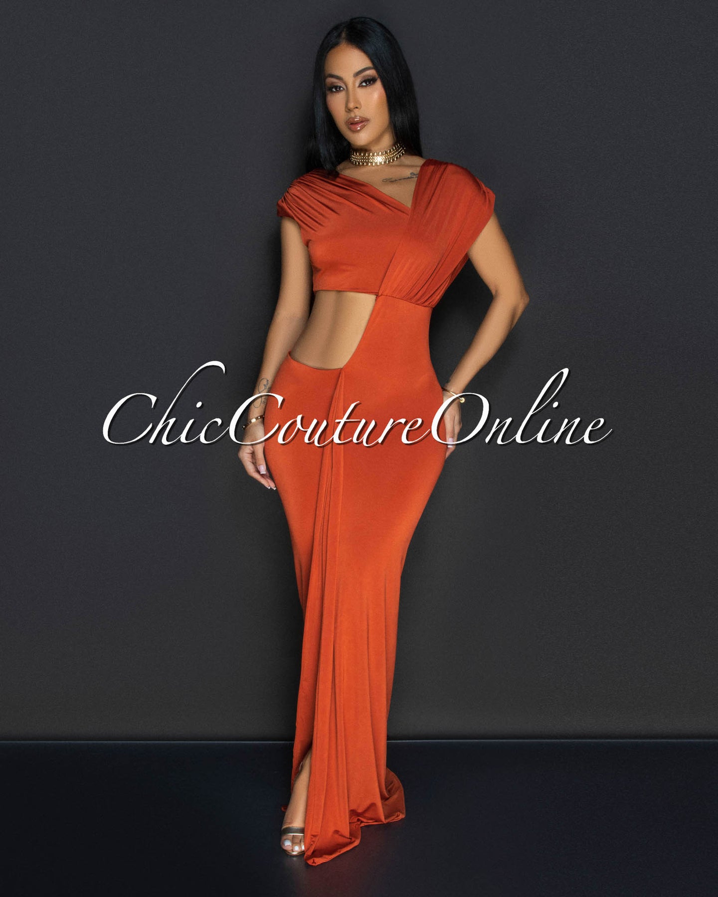 Violi Rust Off Shoulder Cut Out Maxi Dress (SHIPS 1/18/25)