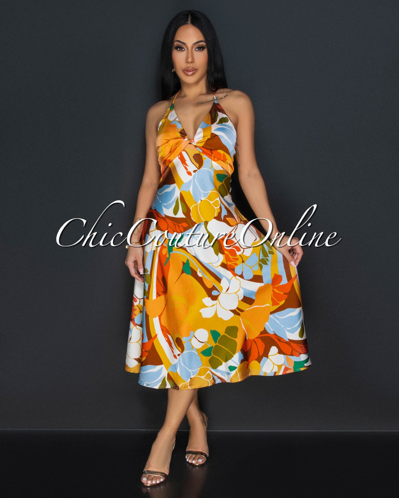 Amira Orange Mustard Floral Halter Flowy Dress