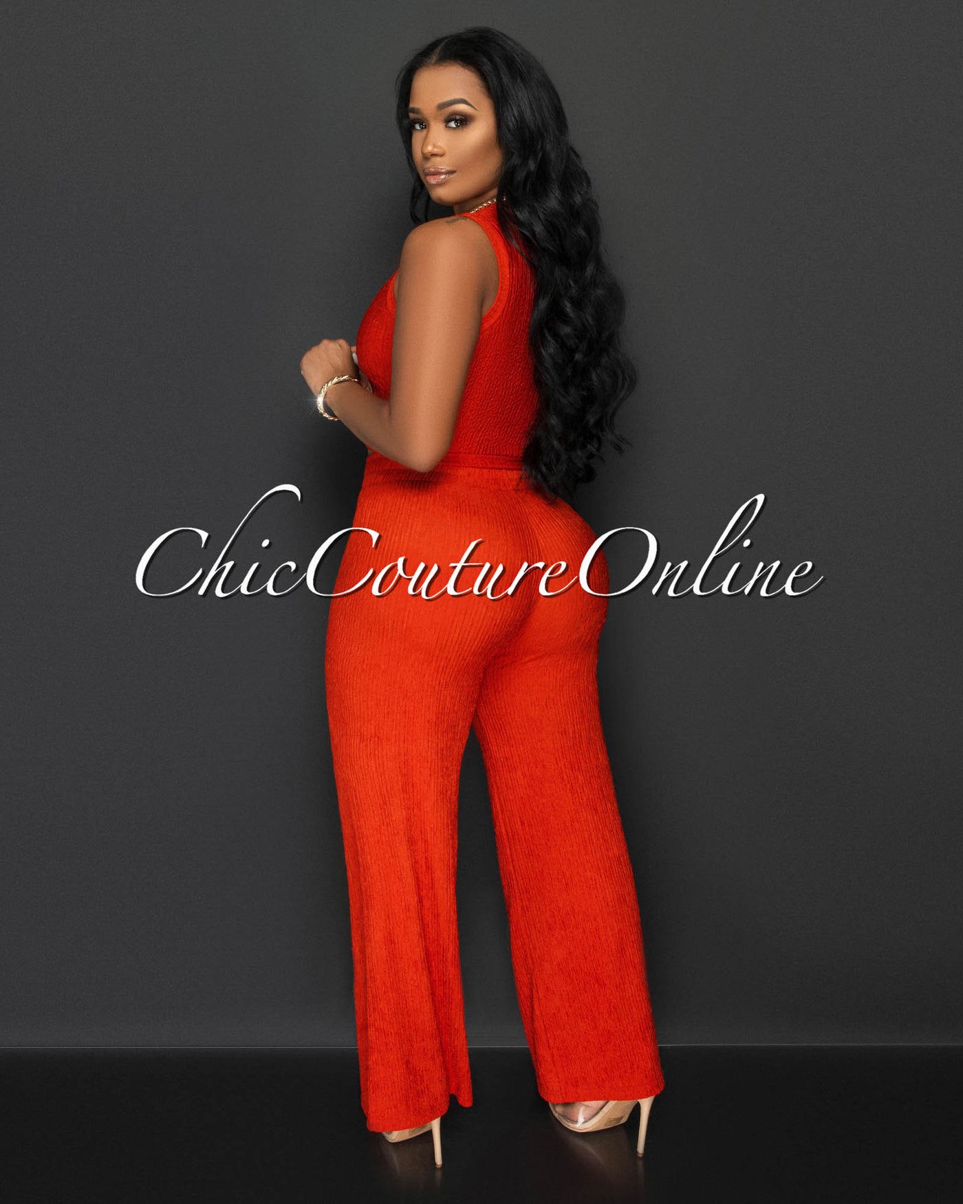 Katye Orange Front Crop Top & Wide Pants Textured Set