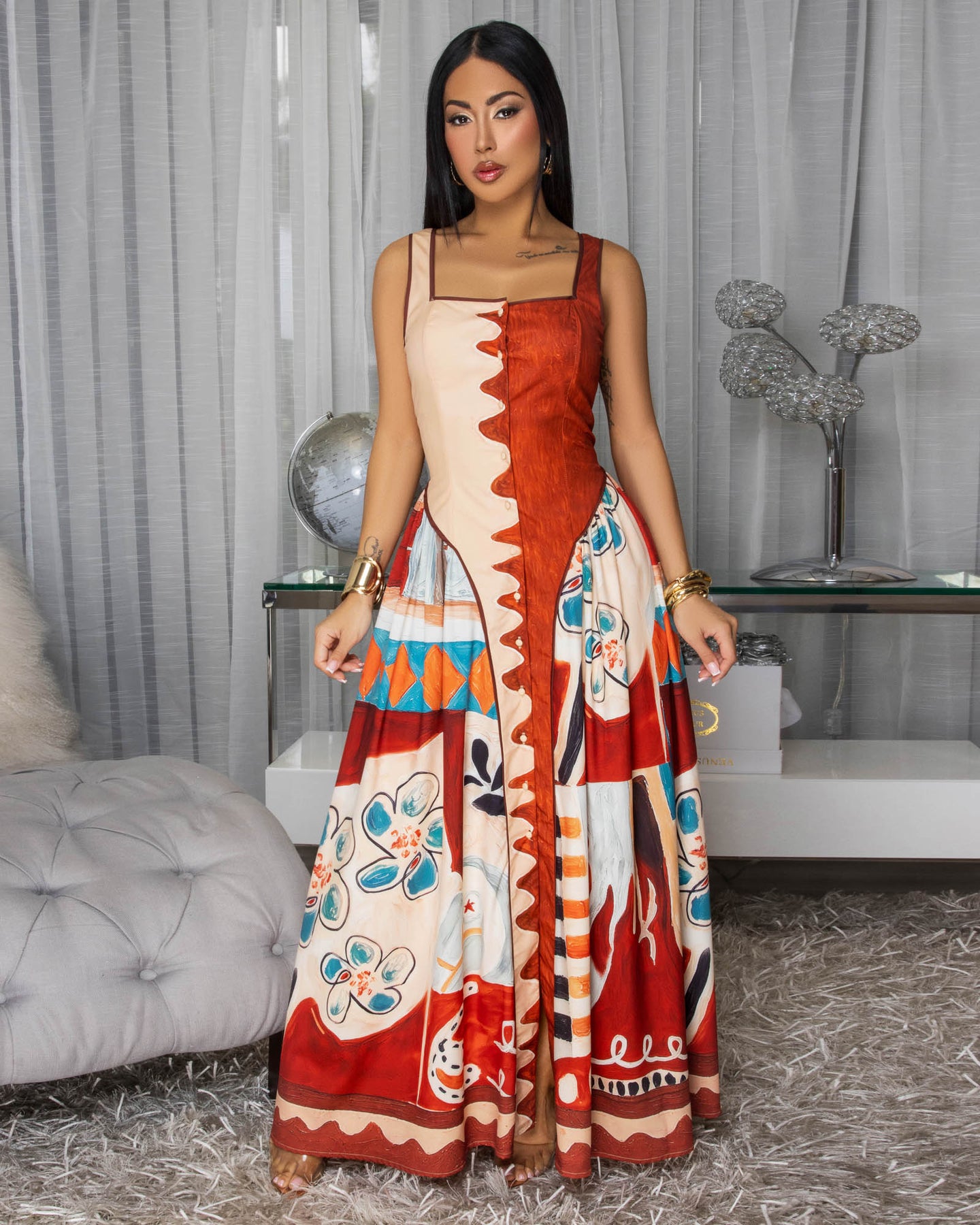 Avis Cream Rust Multi-Color Maxi Dress