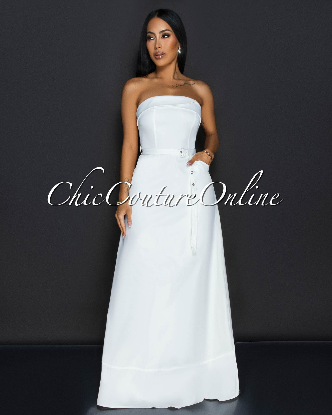 Klana White Strapless Belted Cargo Maxi Dress