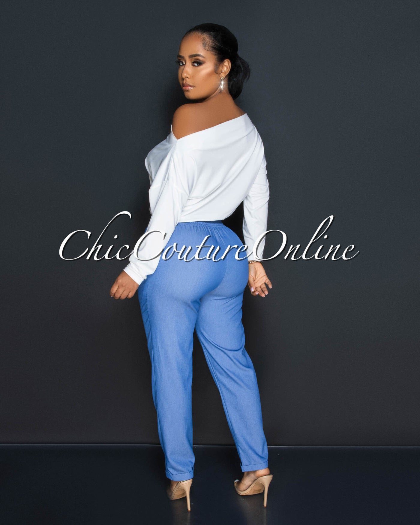 Melinda White Top Blue Chambray Two-Tone Jumpsuit