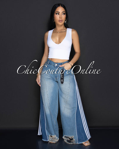 Rhea Blue Denim White Stripes Wide Legs Jeans