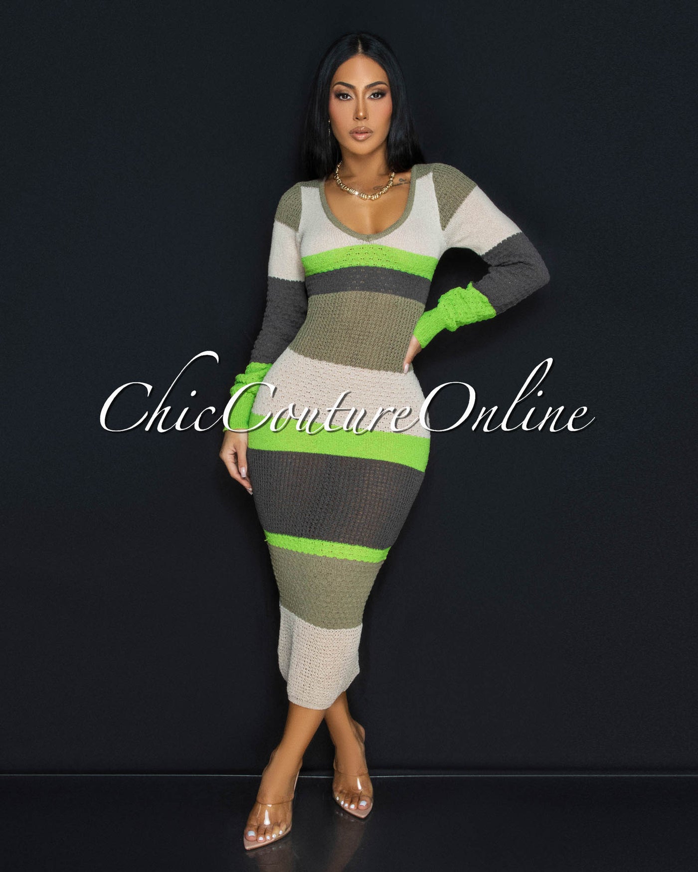 Benjy Lime Green Multi-Color Stripes Sweater Dress