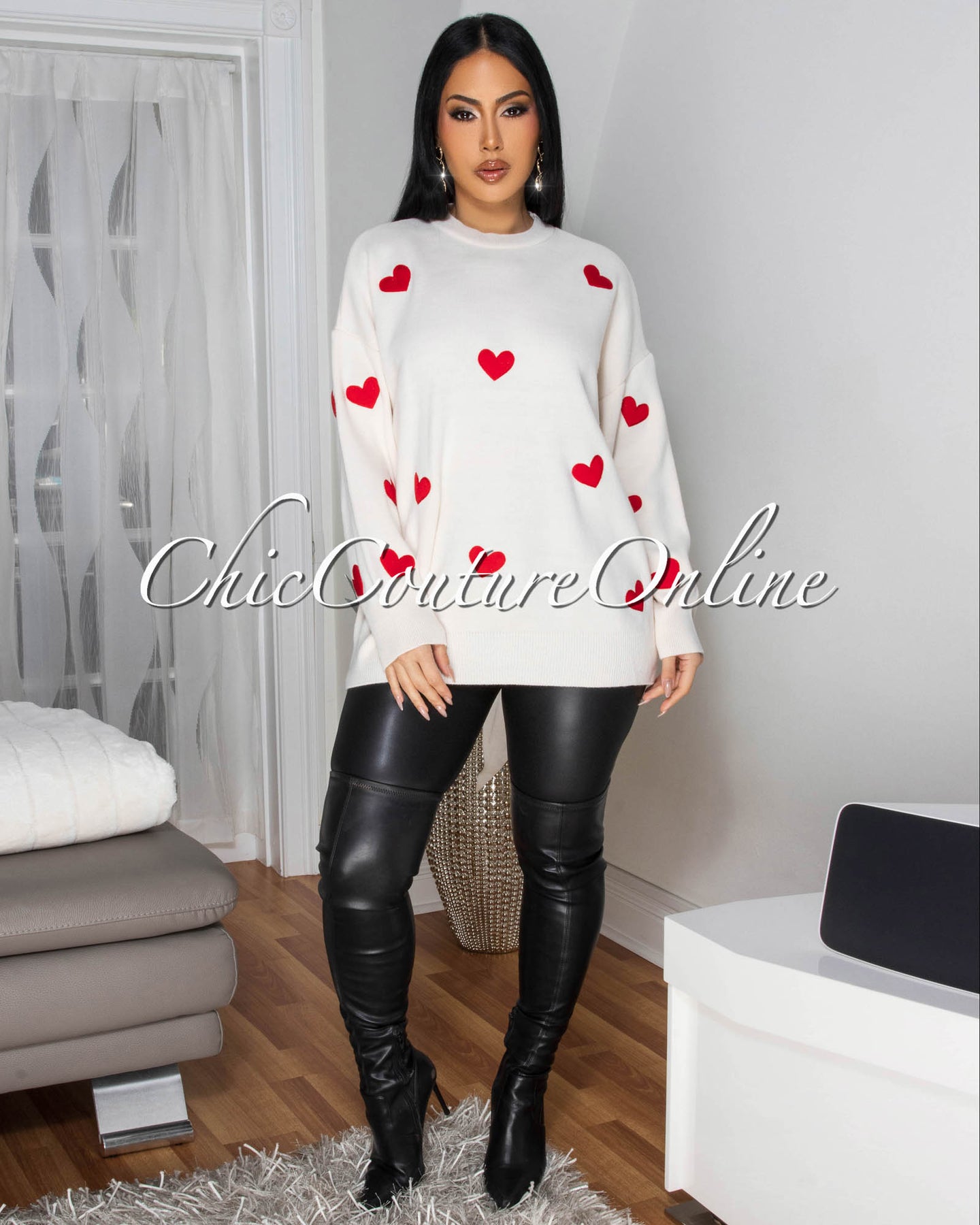 Ophelle Beige Red Hearts Knit Sweater