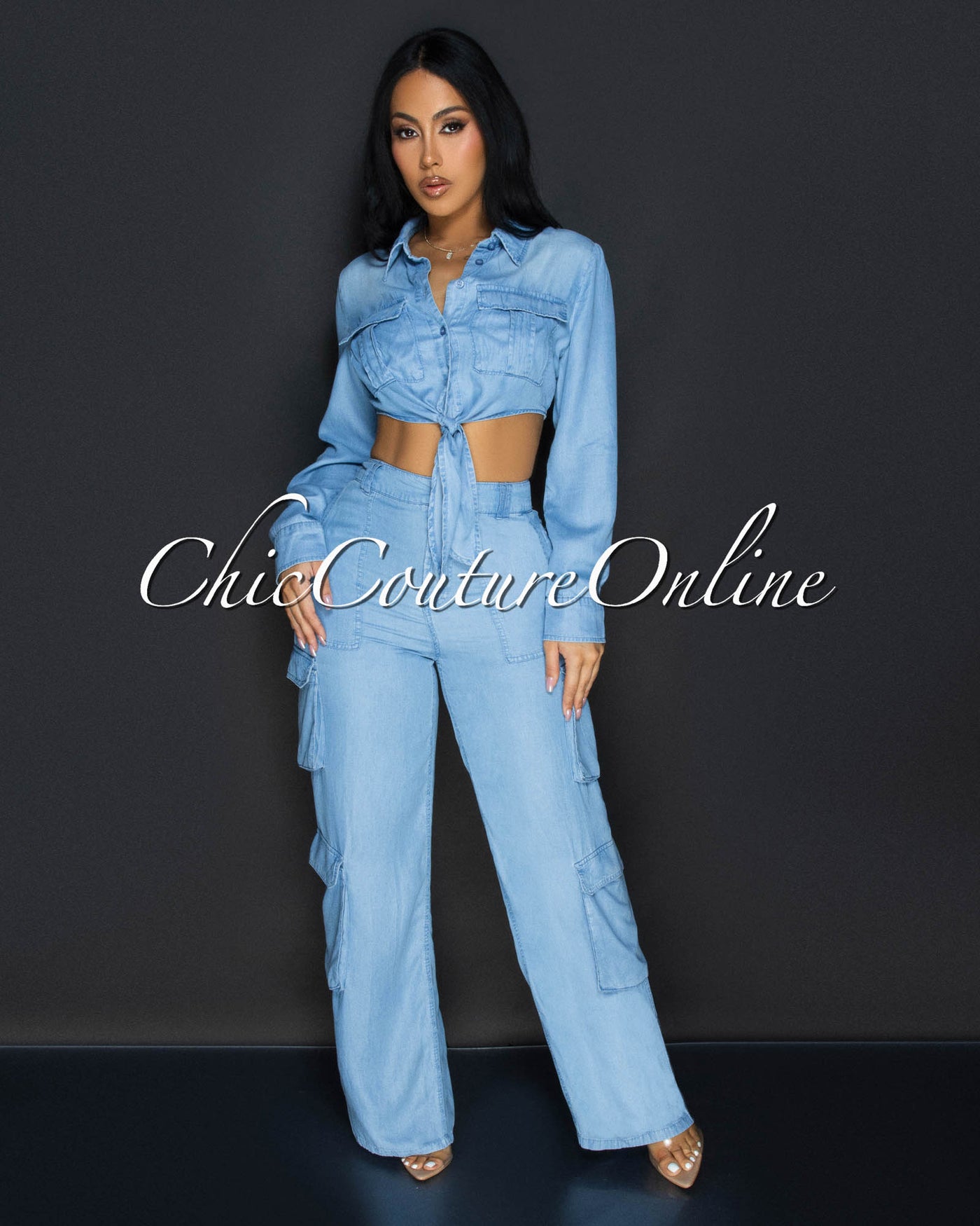 Indigo Light Denim Crop Top & Pants Cargo Set