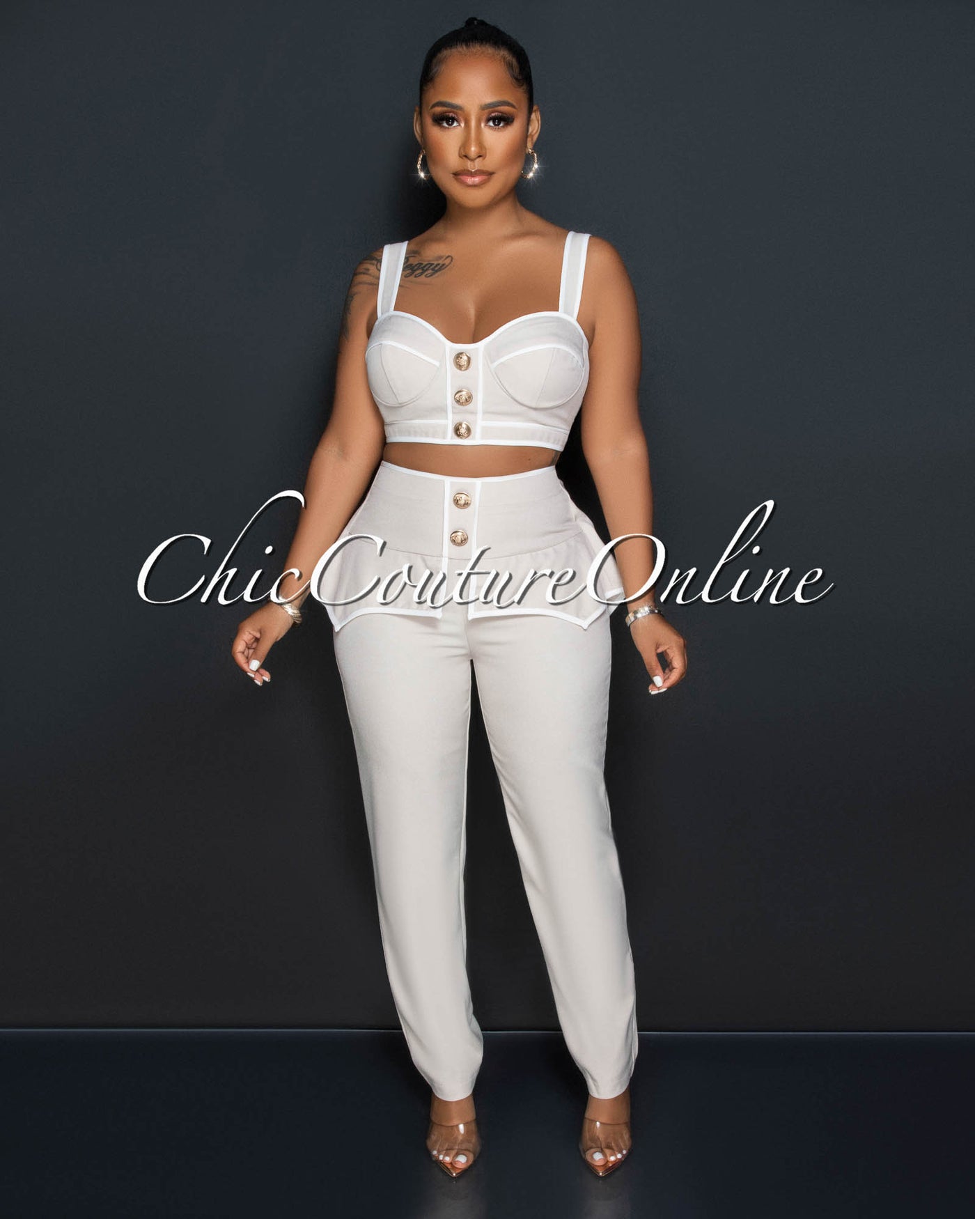 Adeen Nude White Gold Buttons Crop Top & Ruffle Pants Set