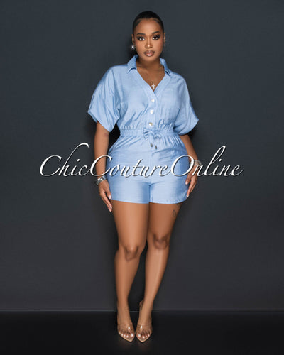 Fausta Baby Blue Front Buttons Utility Romper