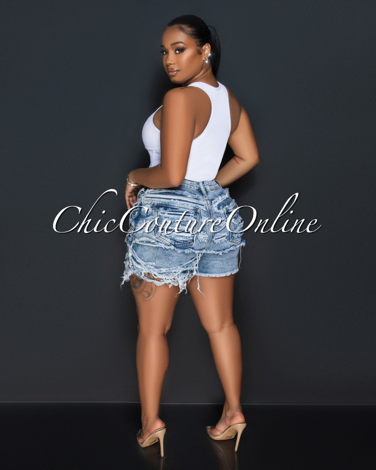 *Mimi Blue Denim Distressed Bermuda Shorts