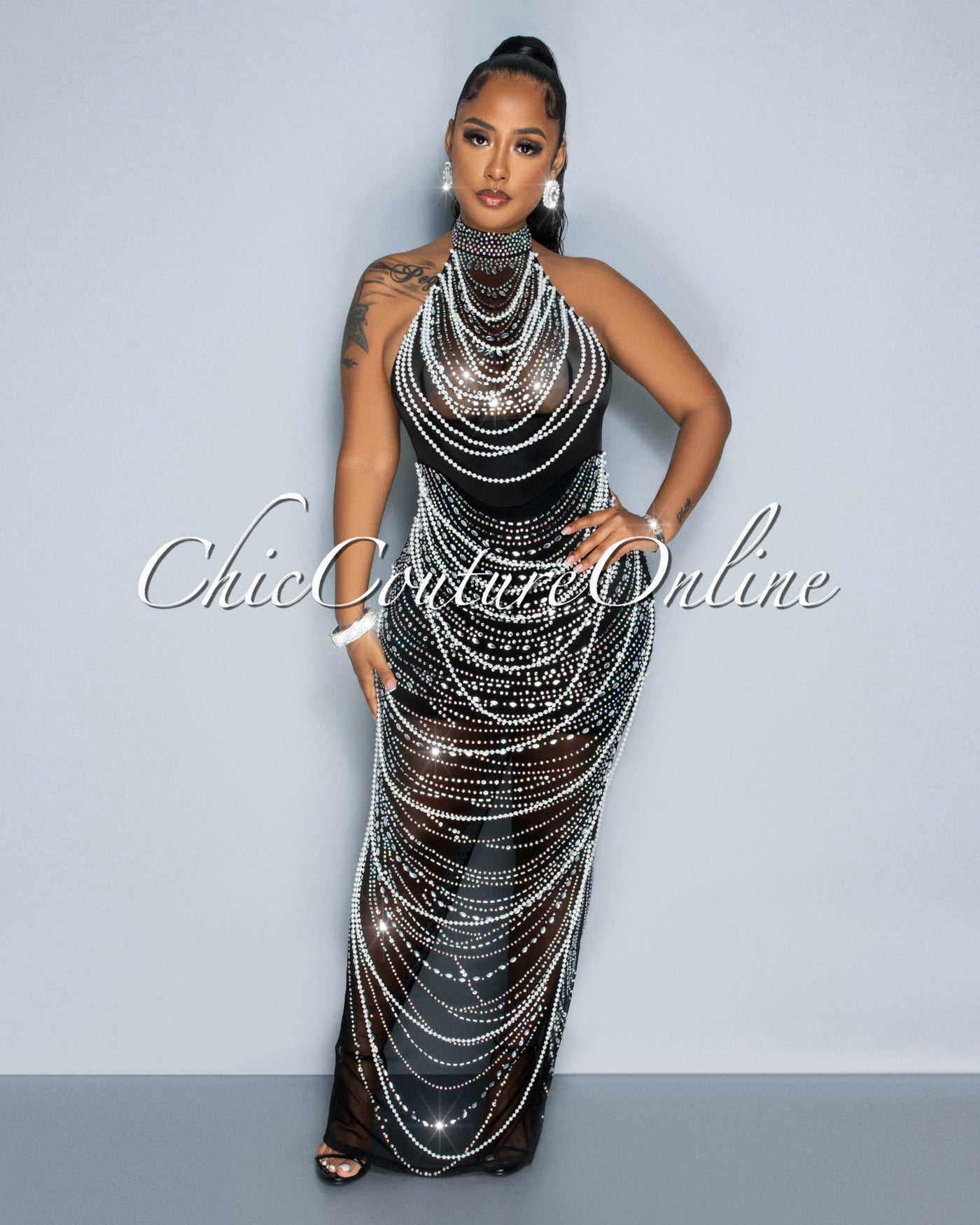 Mirian Black Mesh Rhinestones & Pearls Mesh Maxi Dress