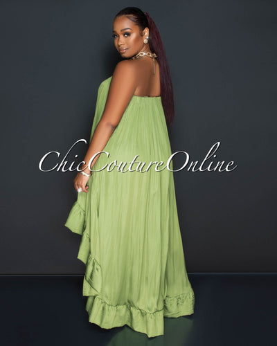 Lornie Olive Green Hi-Low Ruffle Hem Silky Maxi Dress