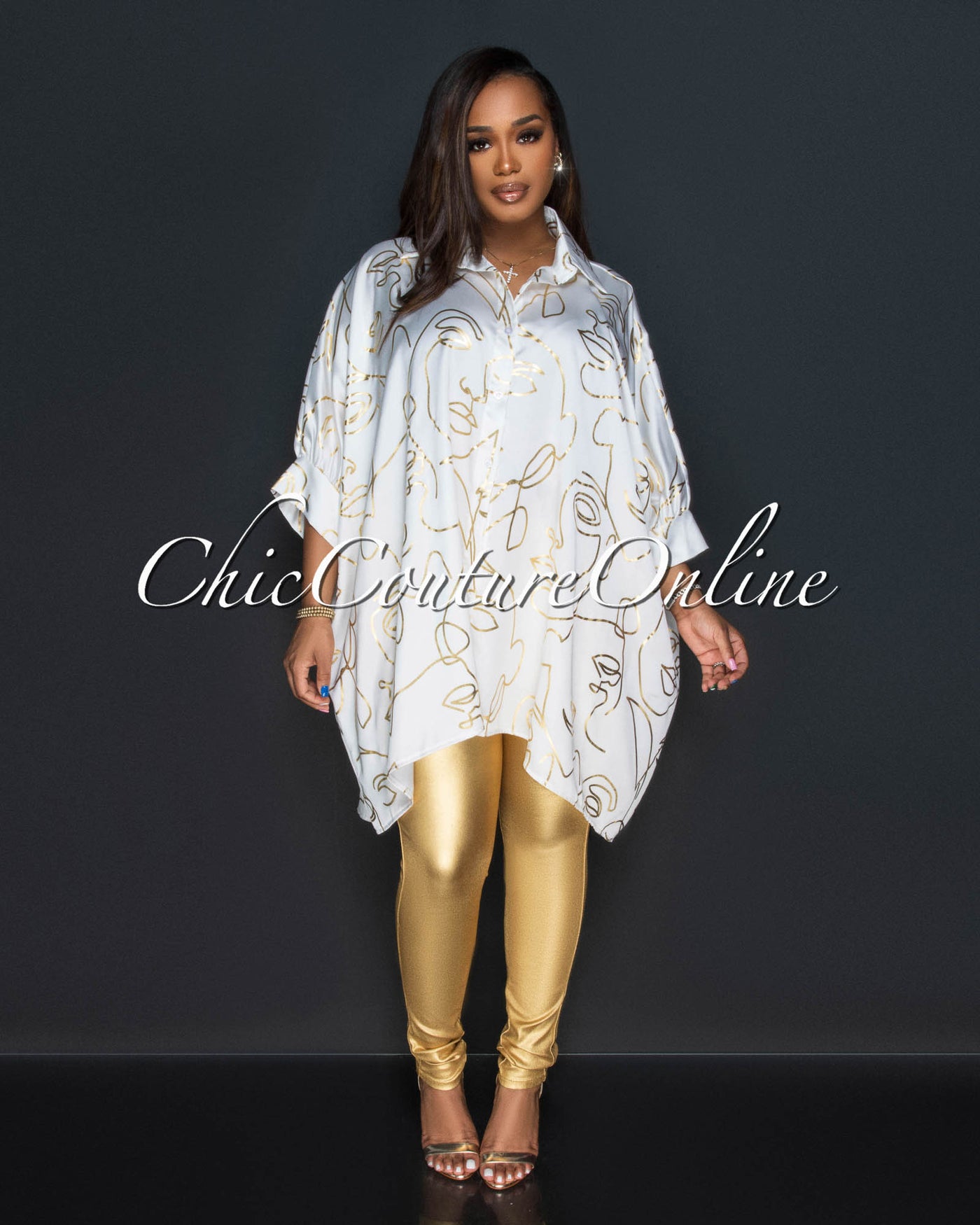 Xander Off-White Gold Print Shirt Dress