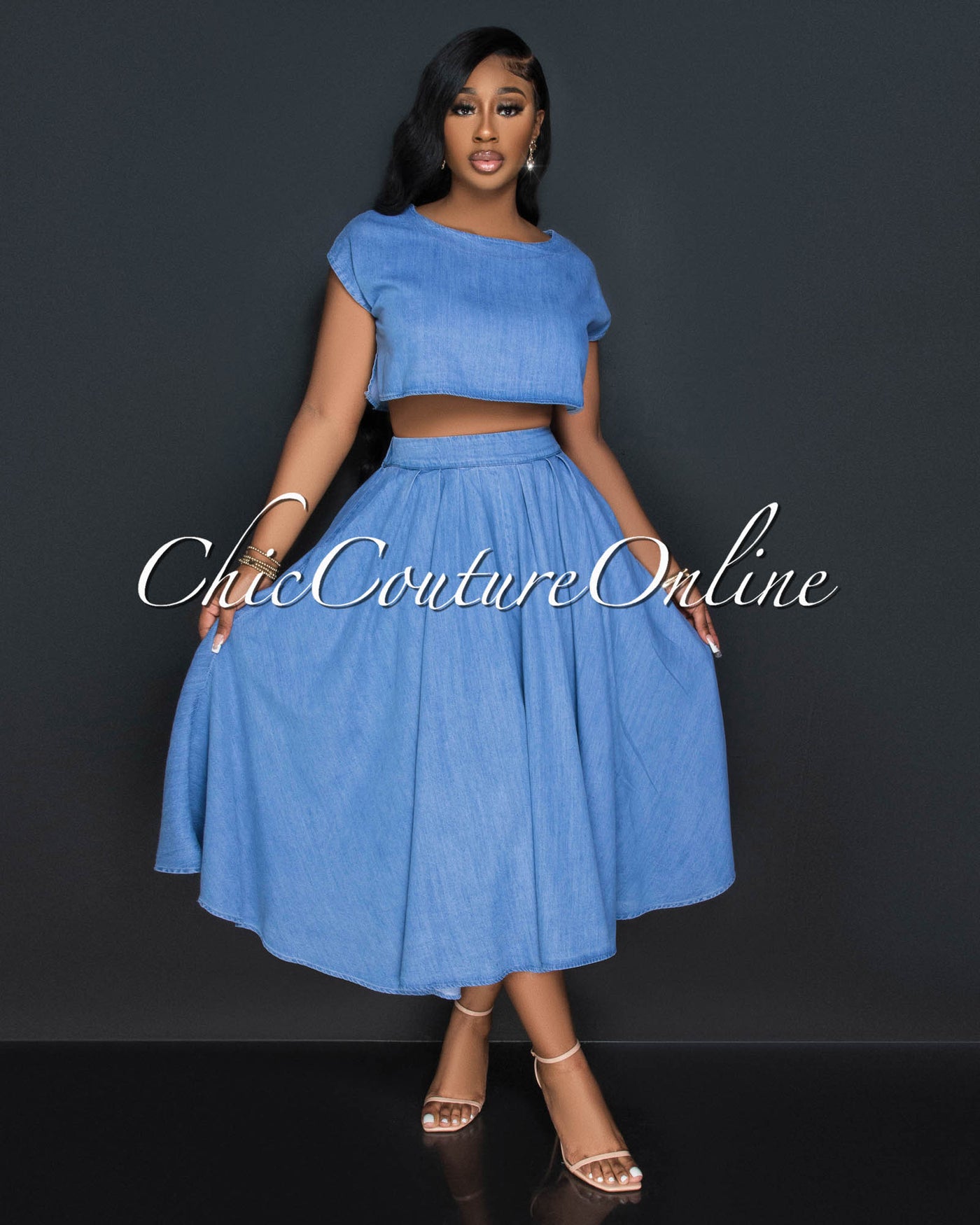 Desideria Light Denim Crop Top & Maxi Skirt Set