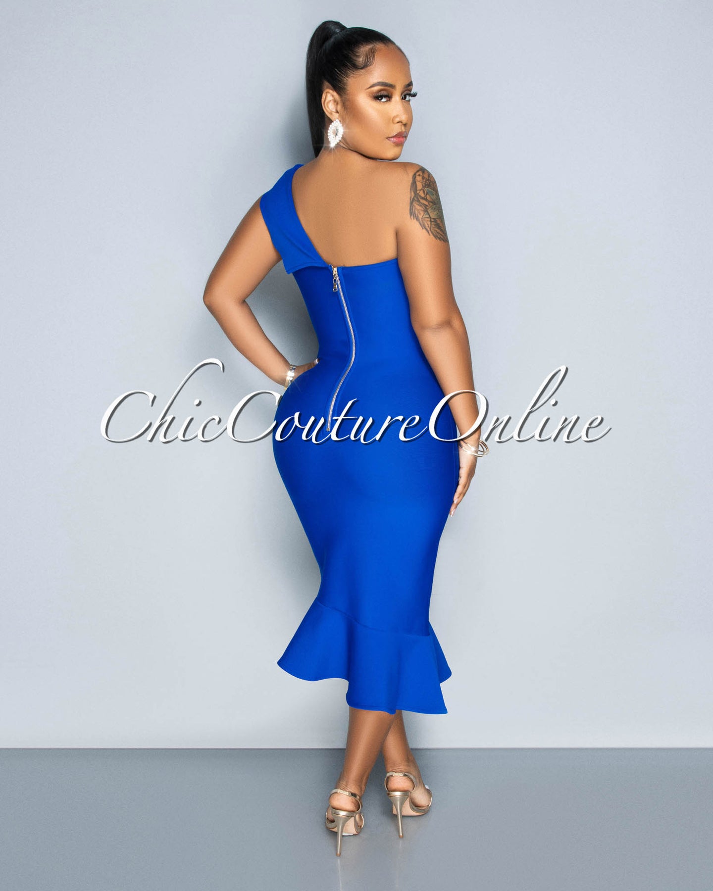 *Patria Royal Blue Single Shoulder Ruffle Hem Bandage Dress