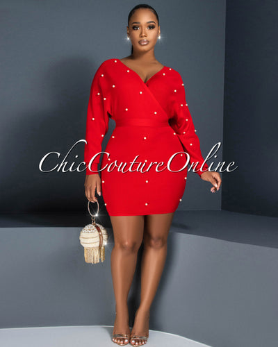 Shira Red Pearl Embellished Knit Sweater Dress