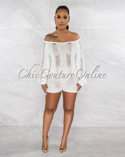 *Carrera White See-Through Crochet Cover-Up Romper