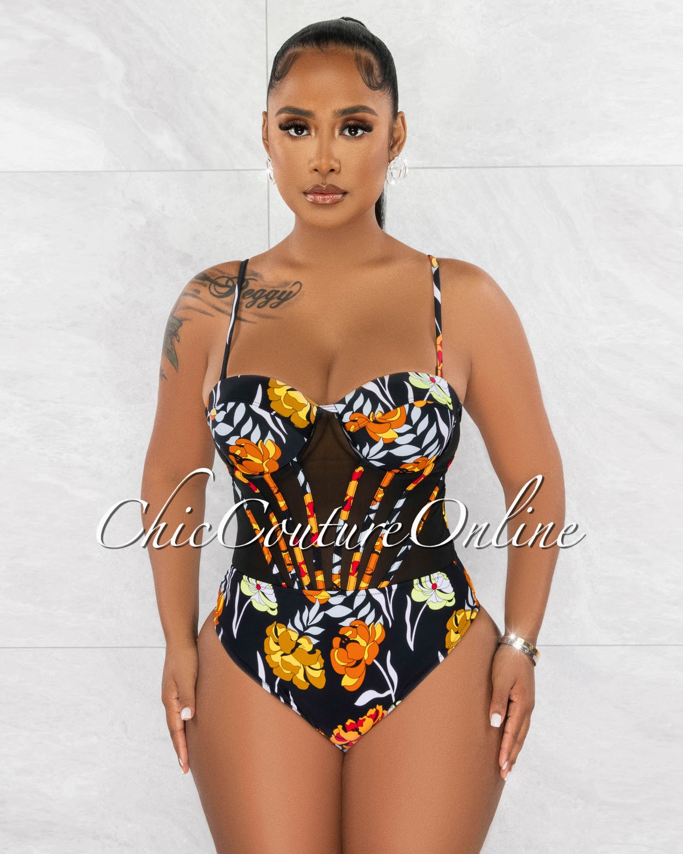 *Mandel Black Multi-Color Print Mesh Skirt Pareo Swimsuit