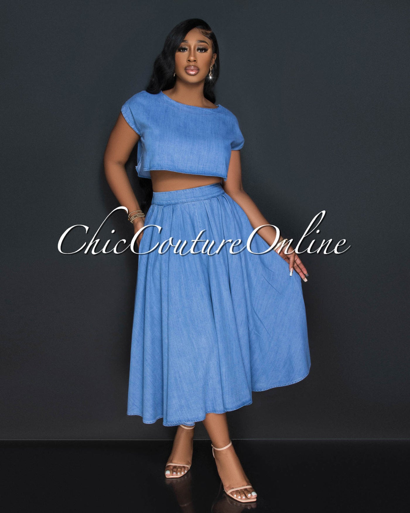 Desideria Light Denim Crop Top & Maxi Skirt Set