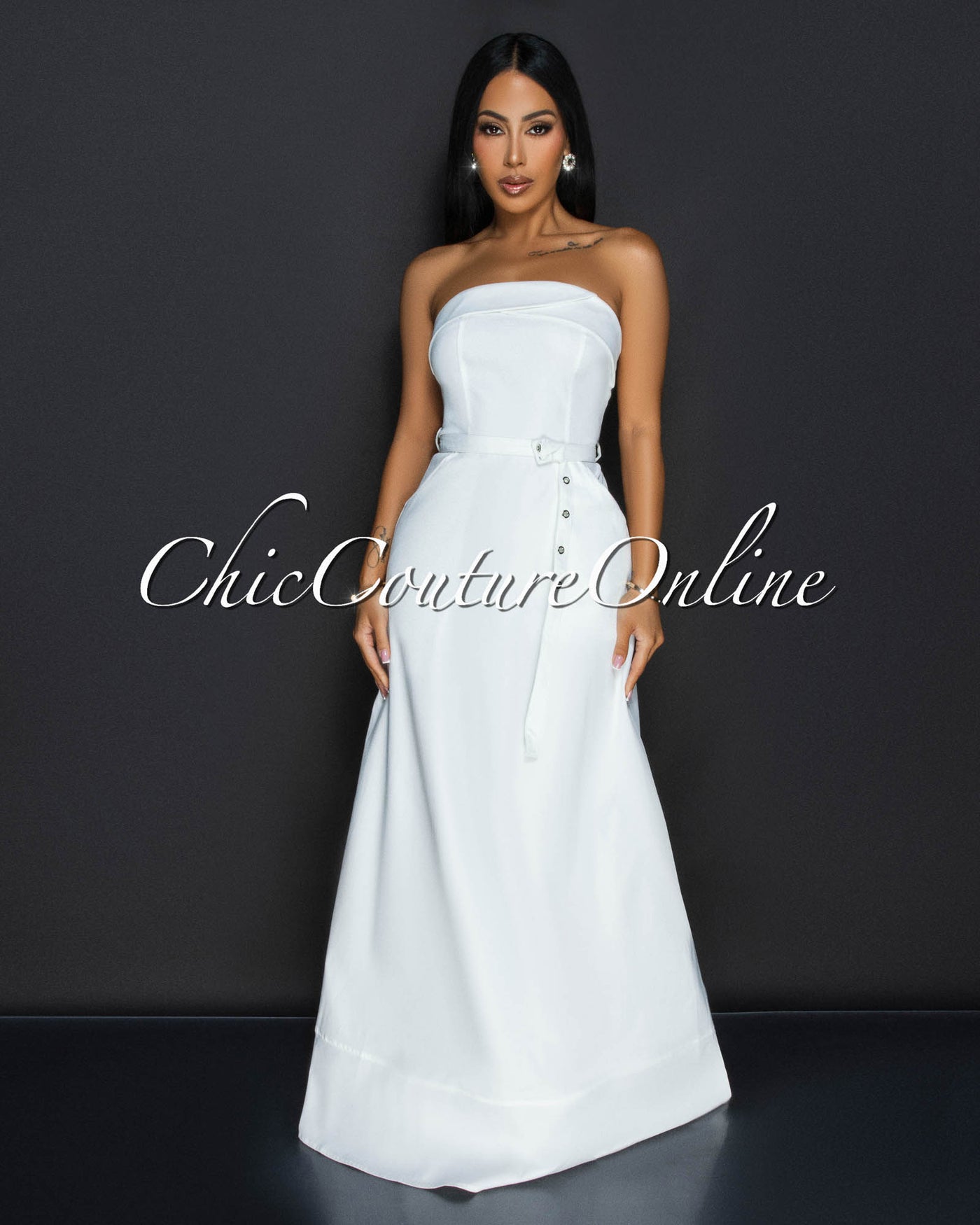 Klana White Strapless Belted Cargo Maxi Dress