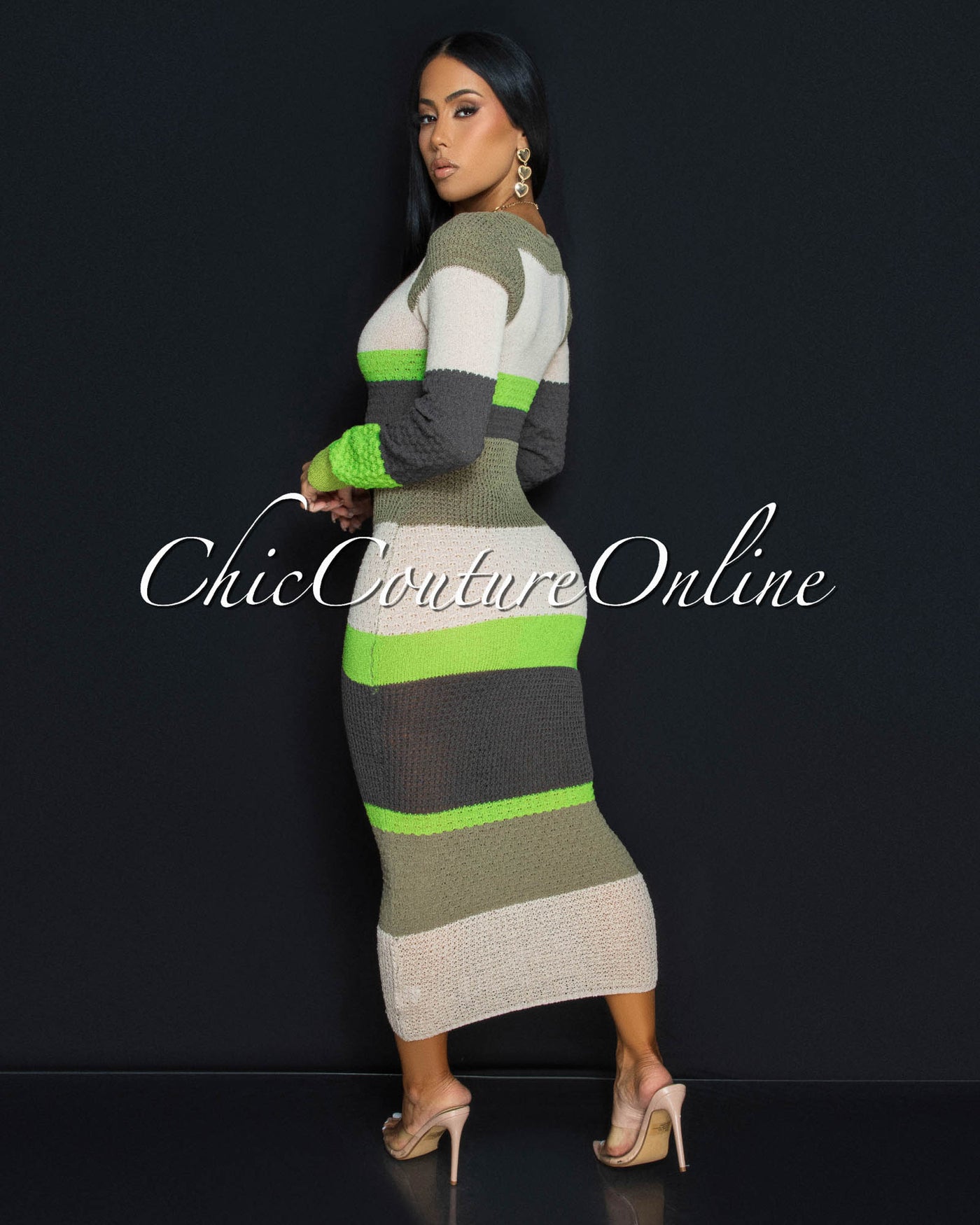 Benjy Lime Green Multi-Color Stripes Sweater Dress