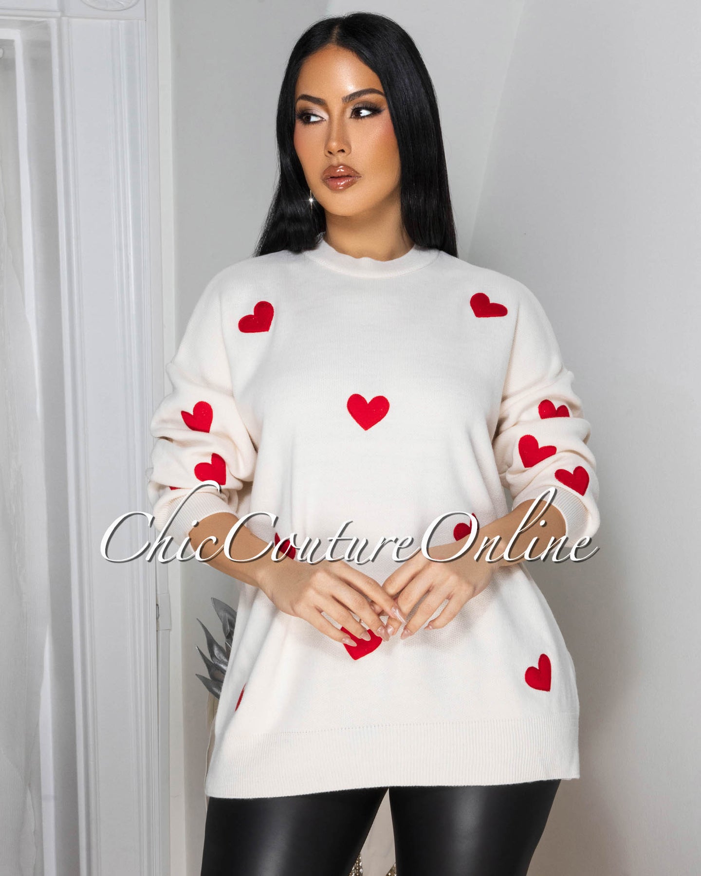 Ophelle Beige Red Hearts Knit Sweater