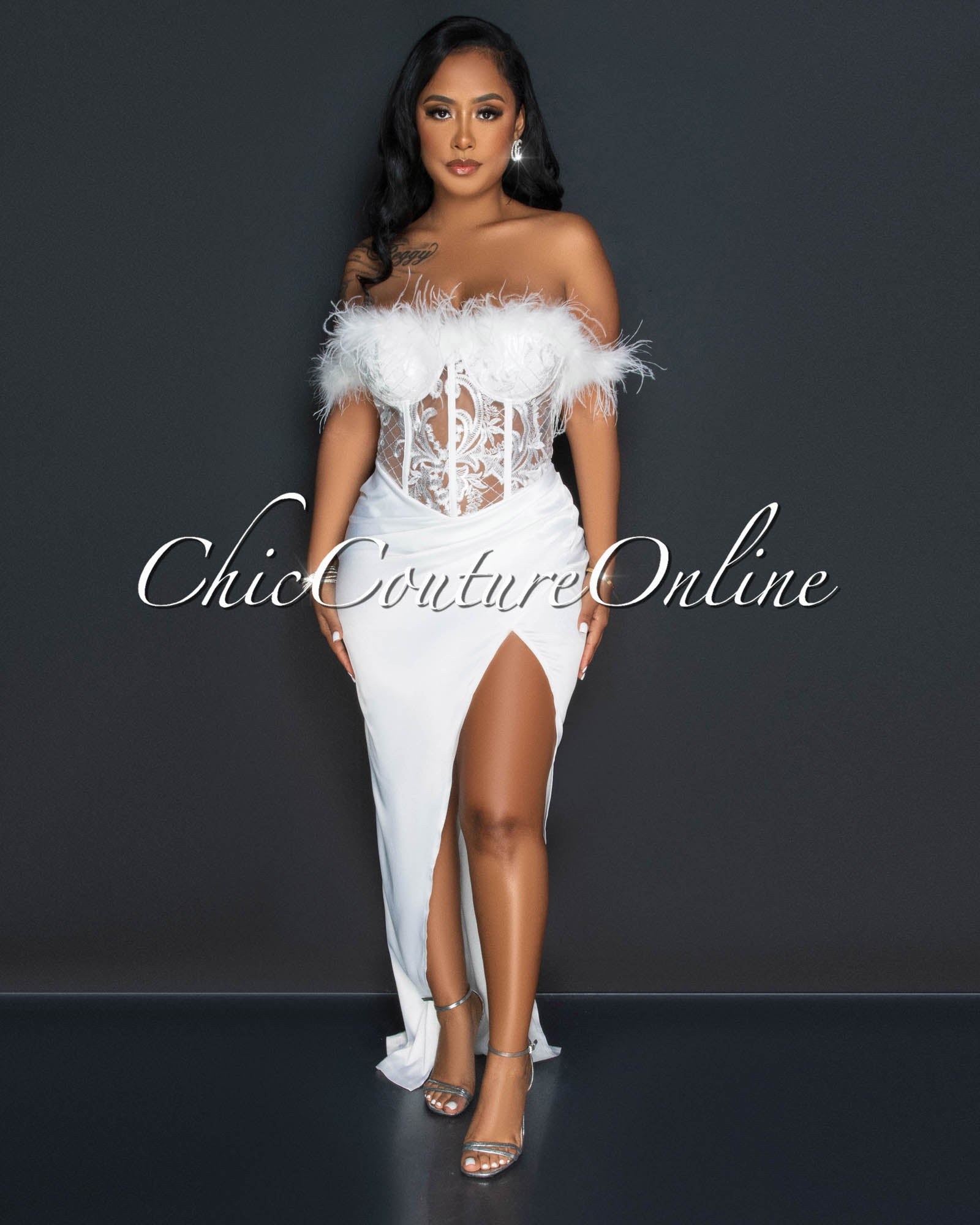 *Ludvie Off-White Lace Croset Feathers Silky Maxi Dress