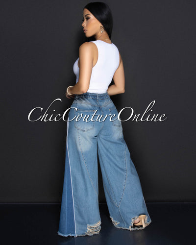 Rhea Blue Denim White Stripes Wide Legs Jeans