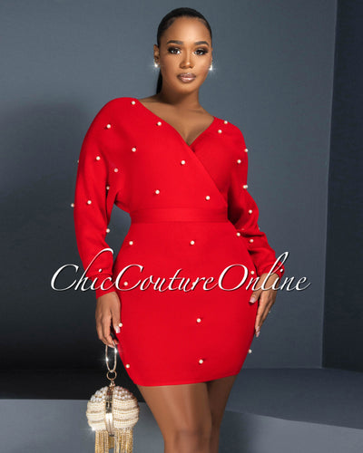 Shira Red Pearl Embellished Knit Sweater Dress