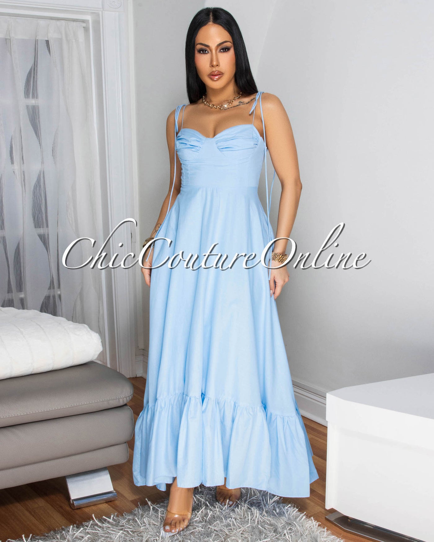 Azaria Baby-Blue Sleeveless Midi Dress