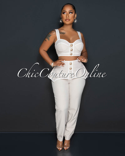 Adeen Nude White Gold Buttons Crop Top & Ruffle Pants Set