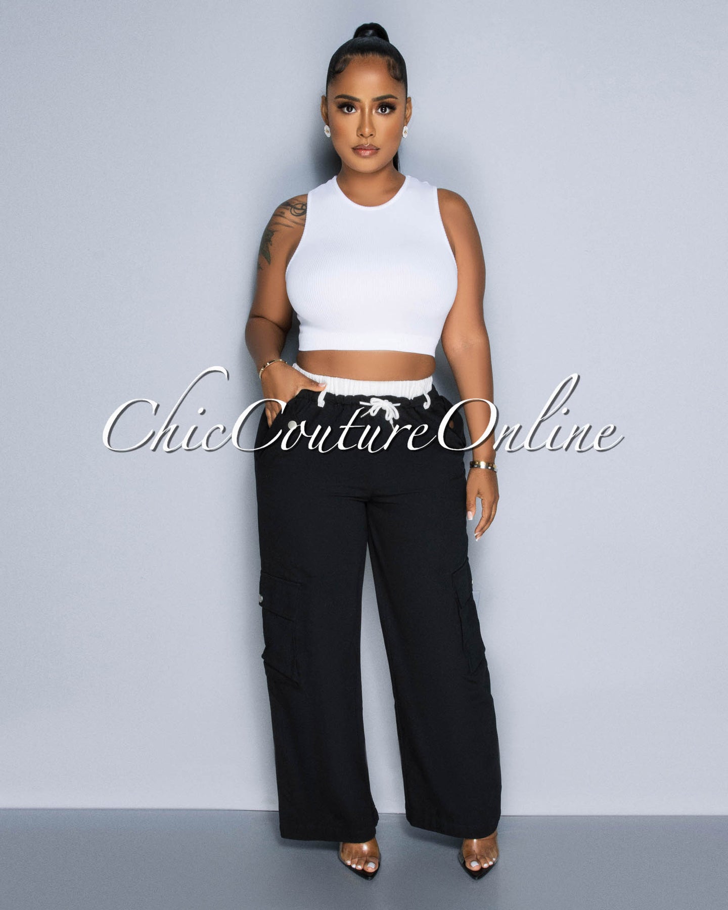 Bolette Black Drawstring Wide Legs Cargo Pants