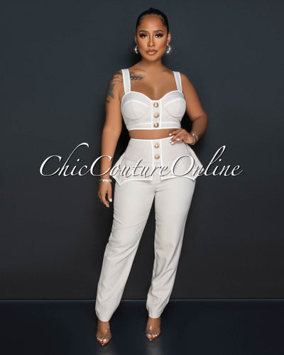 Adeen Nude White Gold Buttons Crop Top & Ruffle Pants Set