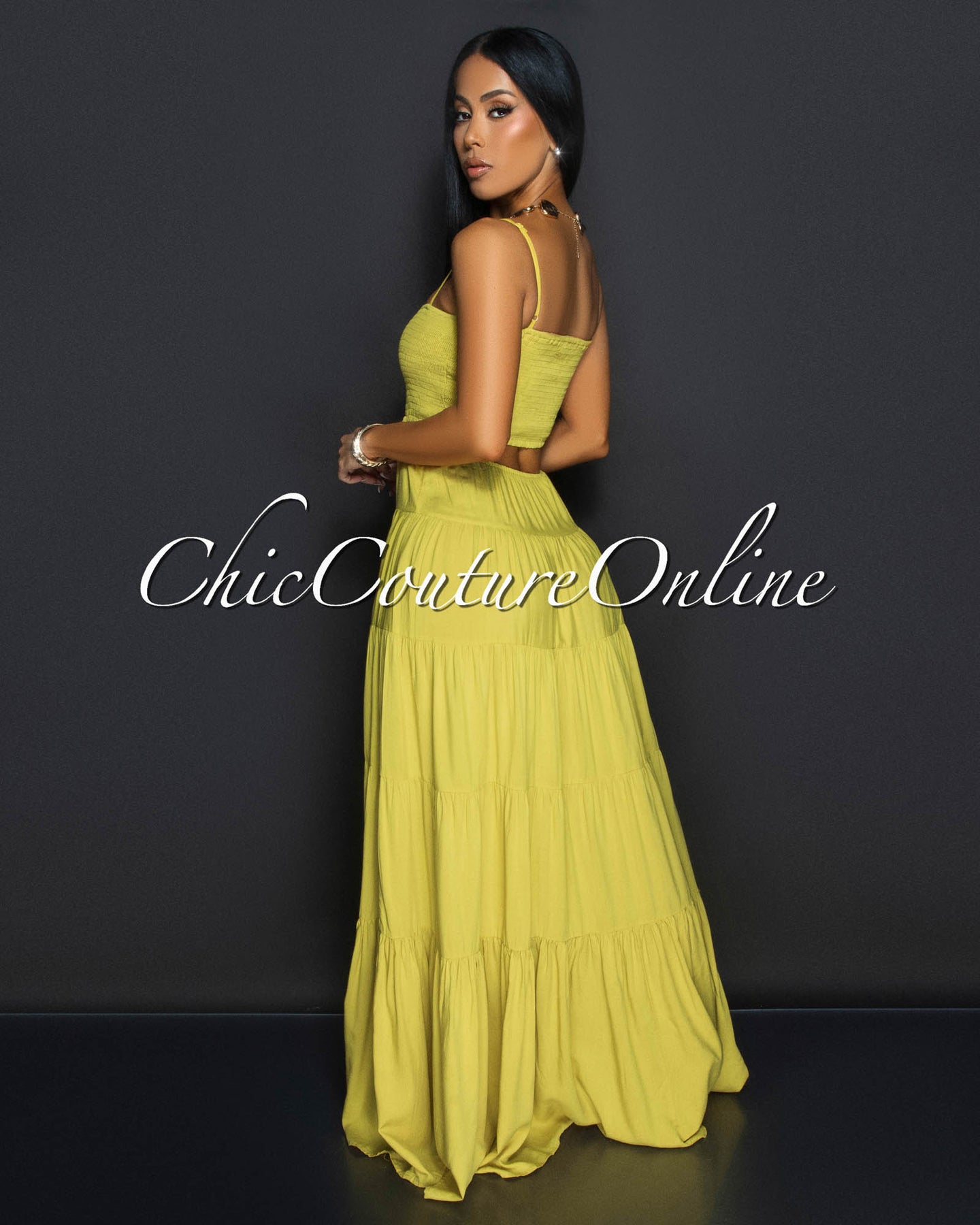 Kiri Lime Smocked Top Cut Out Ruffle Maxi Dress