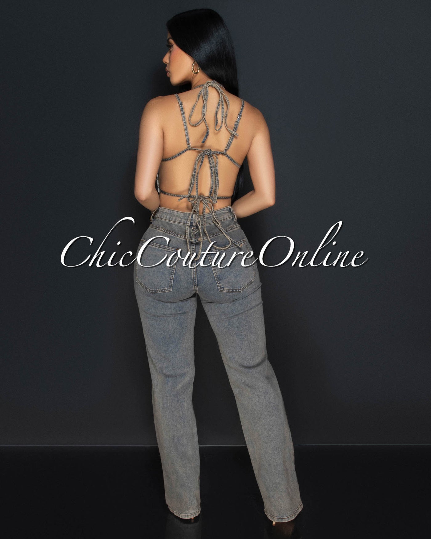 Rina Beige Denim Open Back Top & Wide Jeans Set