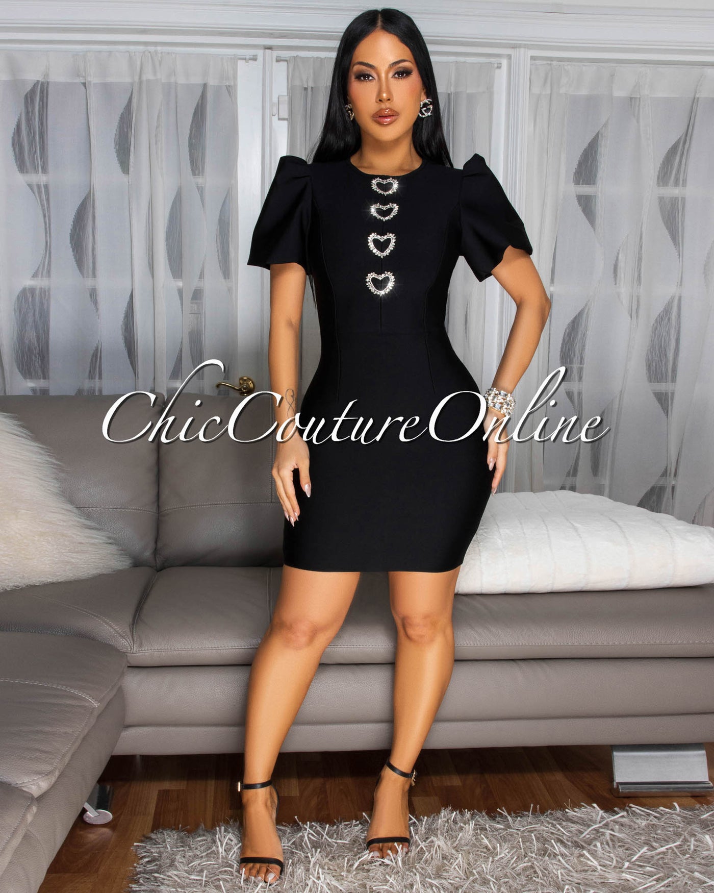 Contessa Black Puffy Sleeves Rhinestones Heart Bandage Dress