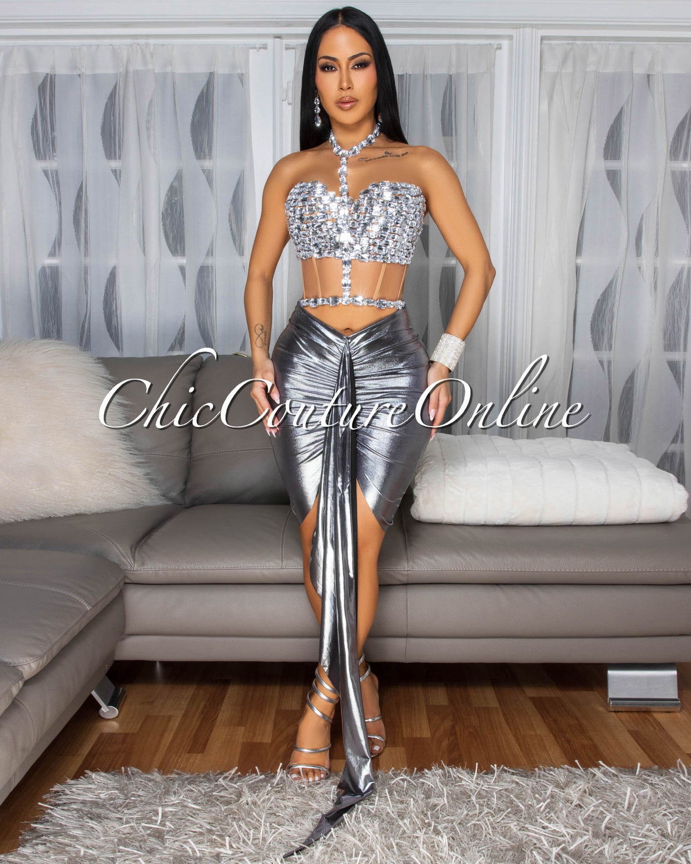 Kaeli Silver Rhinestones Bustier & Draped Skirt Set