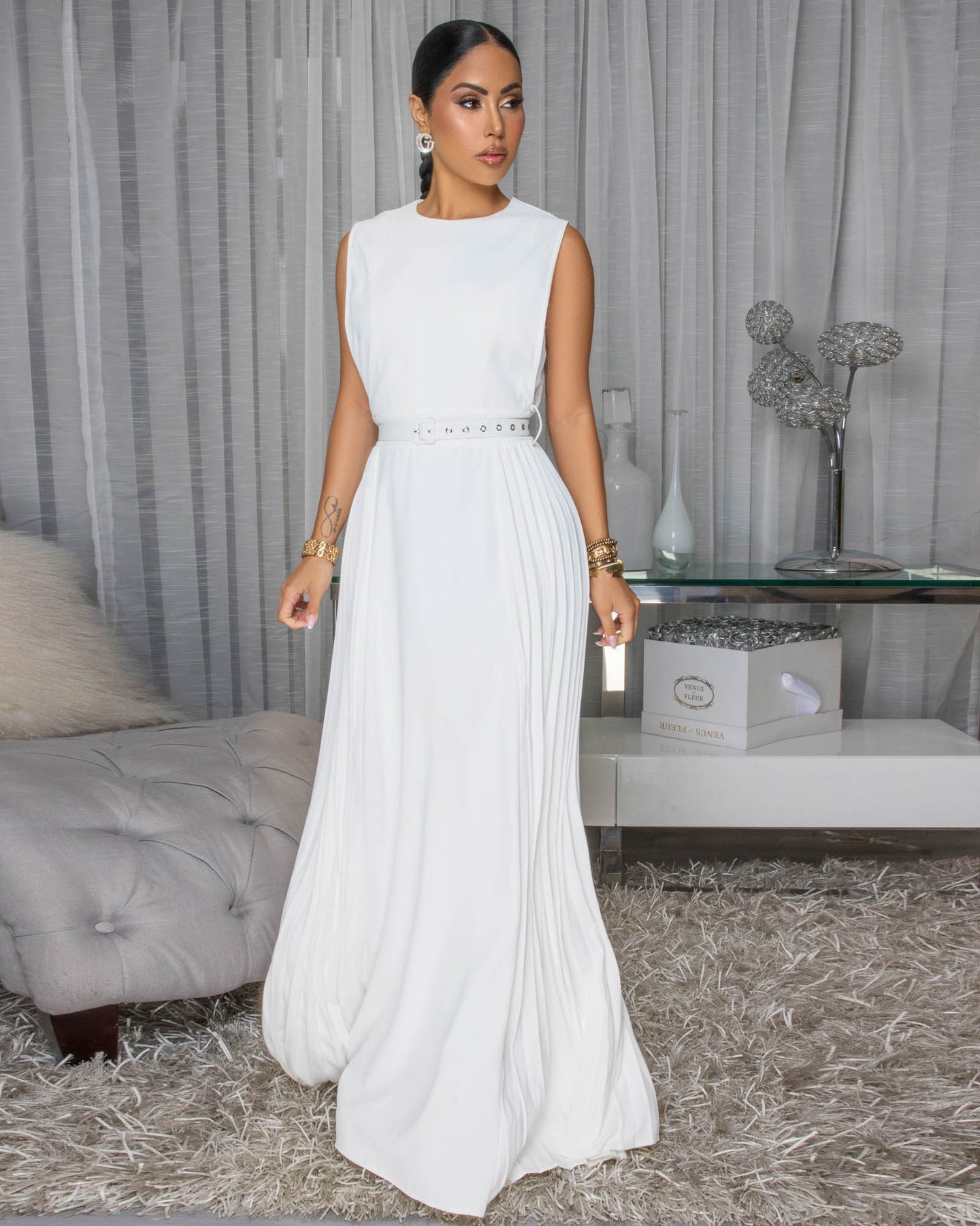 Nieve White Draped Luxe Maxi Dress