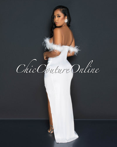Ludvie Off-White Lace Croset Feathers Silky Maxi Dress