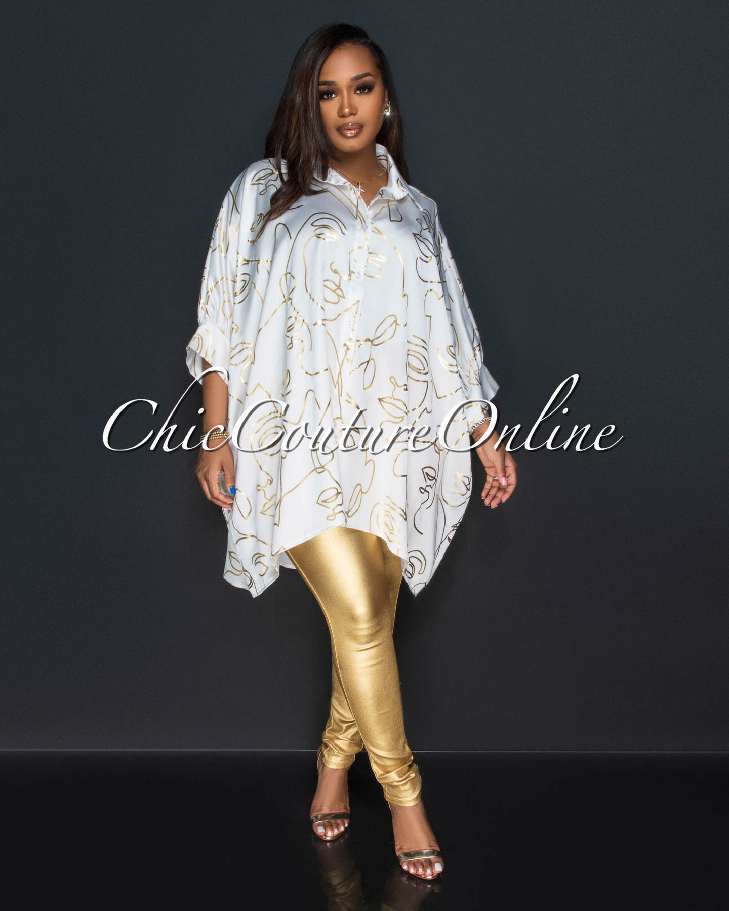 Xander Off-White Gold Print Shirt Dress