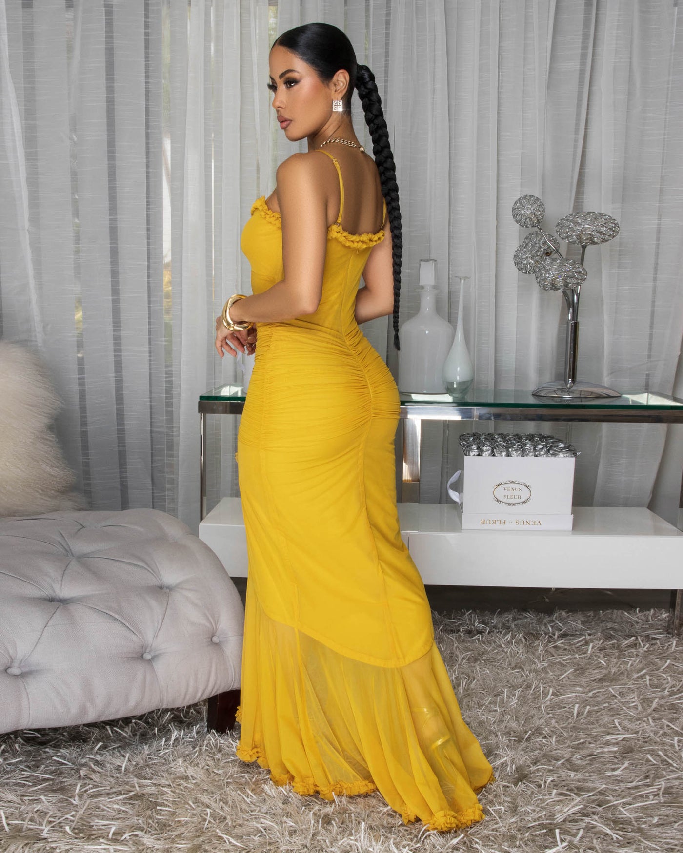 Avenley Yellow Ruffle Mesh Maxi Dress